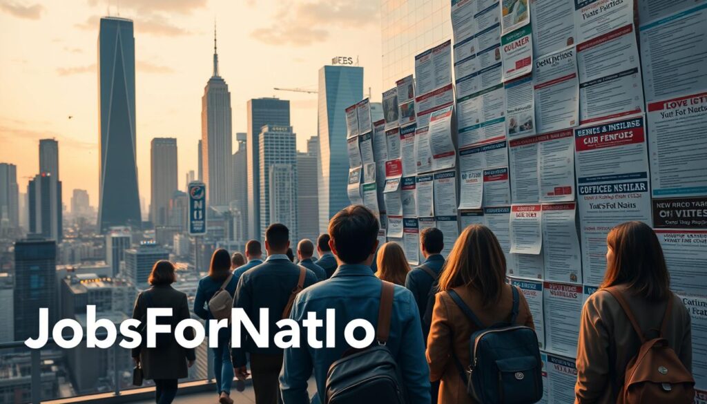 A bustling city skyline, with towering skyscrapers and a vibrant JobsForNation logo in the foreground. In the middle ground, a group of job seekers navigate a maze of job advertisements, carefully examining each one for signs of legitimacy. The background is softly lit, with a warm, inviting glow, conveying a sense of caution and vigilance. The scene is captured through a wide-angle lens, emphasizing the scale and complexity of the job search landscape. The overall mood is one of cautious optimism, as the job seekers strive to avoid the pitfalls of job scams and fraudulent listings.