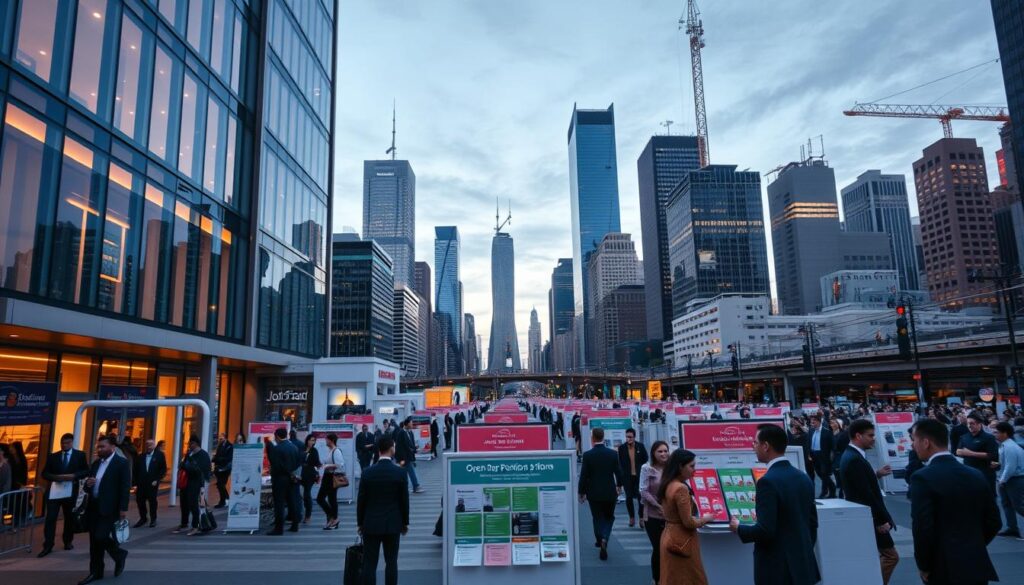 A bustling cityscape at dusk, showcasing a variety of open positions at JobsForNation. In the foreground, a modern office building with a sleek glass facade, illuminated by warm lighting. The middle ground features a job fair, with people in professional attire browsing job listings and speaking to recruiters. In the background, skyscrapers and infrastructure allude to the diverse urban landscape. The scene conveys a sense of opportunity and growth, with a professional, corporate atmosphere. Cinematic lighting and a wide-angle lens create depth and emphasize the scale of the city-wide job openings.