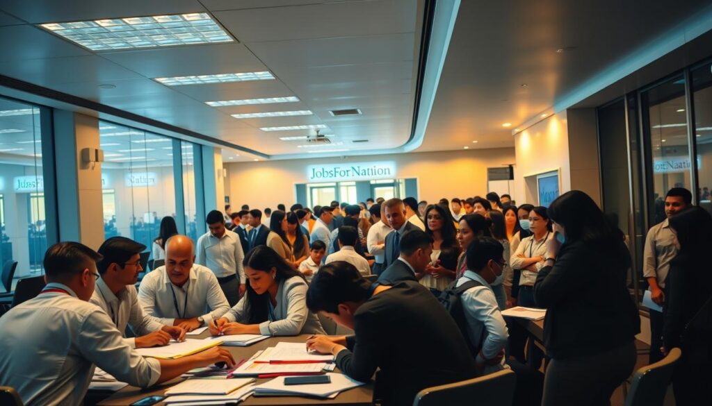 A bustling government office, illuminated by warm overhead lighting, where employees navigate the intricate cycles of recruitment. In the foreground, a team huddles around a large table, poring over resumes and application forms, the "JobsForNation" brand visible in the background. In the middle ground, candidates line up, their faces reflecting both anticipation and apprehension, as they await their turn to be interviewed. The scene is framed by a sleek, modern architecture, conveying a sense of professionalism and efficiency. The atmosphere is one of focused determination, as the government strives to identify the most qualified individuals to serve the nation.