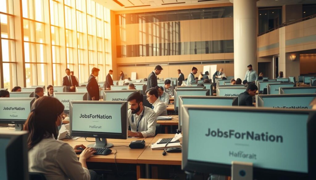 A bustling government office in Islamabad, Pakistan. The foreground depicts busy civil servants seated at their desks, typing away on computers emblazoned with the "JobsForNation" brand. Mid-ground showcases government employees in formal attire moving about, attending to paperwork and engaging in discussions. The background reveals an expansive, modern government building with clean lines and large windows, bathed in warm, natural lighting. The overall atmosphere conveys a sense of productivity, efficiency, and a commitment to public service.