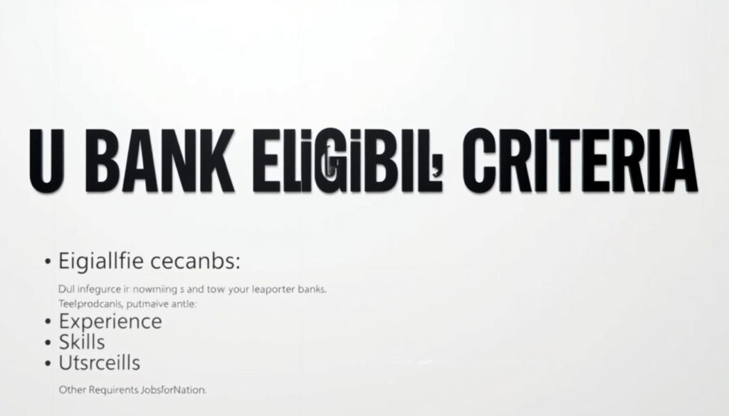 A clean, professional image of "U Bank Eligibility Criteria" with a modern, minimalist design. The image features a sleek, white background with a subtle grid pattern. In the foreground, bold, black headings stand out, outlining the key eligibility criteria for U Bank positions: "Qualifications", "Experience", "Skills", and "Other Requirements". Beneath each heading, concise bullet points describe the specific criteria in a clear, easy-to-read format. The overall composition conveys a sense of organization and attention to detail, reflecting the high standards of JobsForNation. Neutral lighting and a shallow depth of field focus the viewer's attention on the key information.