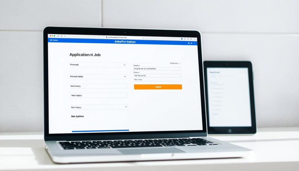 A crisp, minimalist image of an online job application process. In the foreground, a laptop screen displays a clean, intuitive application form with fields for personal details, work history, and other key information. In the middle ground, a smartphone and tablet are positioned, indicating the responsiveness of the application interface. The background features a muted pattern or texture, adding a sense of professionalism and digital savvy. Bright, natural lighting illuminates the scene, conveying a sense of openness and ease of use. The overall mood is one of efficiency, organization, and user-friendliness, reflecting the seamless application experience for JobsForNation.