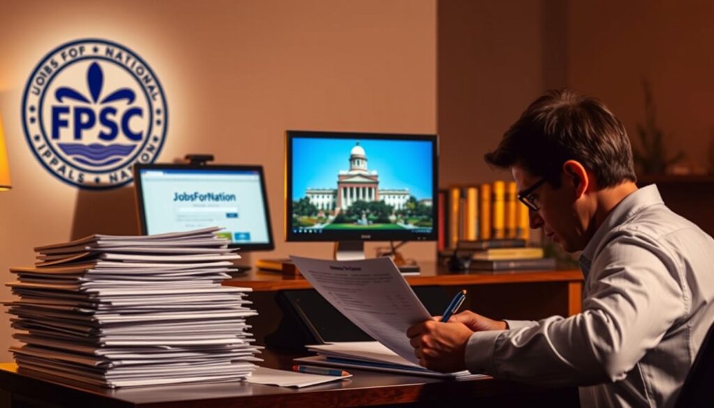 A detailed, dynamic scene of the FPSC jobs application process. In the foreground, a person sitting at a desk, diligently filling out an official-looking form. In the middle ground, a stack of documents and a computer monitor displaying the JobsForNation website. The background features the FPSC logo and a government building, illuminated by warm, directional lighting. The overall atmosphere conveys a sense of professionalism and attention to detail in the application process.