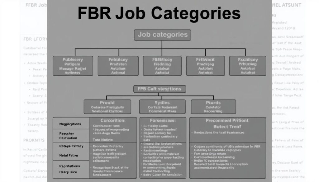 A detailed, high-resolution image of the FBR Job Categories, showcasing the various positions and their hierarchical structure. The image should have a clean, professional design with a neutral color palette, reflecting the official and informative nature of the content. The foreground should prominently display the main job categories, with clear labels and icons to differentiate each role. The middle ground should include additional details such as job descriptions, qualifications, and compensation ranges. The background should feature a subtle pattern or texture, such as a faint grid or document-like appearance, to reinforce the administrative and government-related context. The overall mood should be one of clarity, authority, and accessibility, catering to the needs of job seekers interested in the "Latest Government Jobs in Pakistan 2025" article, particularly the "FBR and Revenue Department Positions" section. The image should be suitable for inclusion on the JobsForNation website.