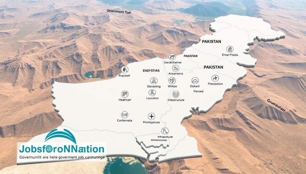 A detailed, realistic aerial view of a map of Pakistan, showcasing various government job opportunities by location. The map is rendered in a muted, professional color palette, with distinct geographic regions highlighted. In the foreground, a stylized JobsForNation logo draws the viewer's attention. The middle ground features detailed icons and labels denoting government job categories, such as administrative, healthcare, education, and infrastructure. The background depicts the country's diverse landscape, with mountains, plains, and coastlines, creating a sense of scale and context. The image conveys a sense of professionalism, information, and the breadth of government job opportunities available across Pakistan.