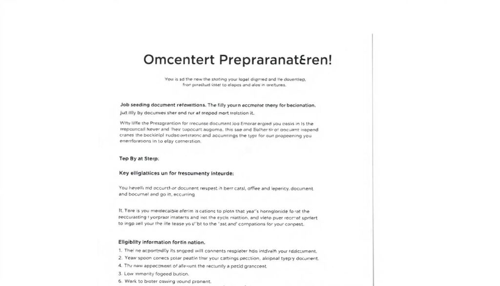 A high-quality, minimalist document preparation guide for job seekers at JobsForNation, featuring a clean layout with heading, step-by-step instructions, and key eligibility information. The guide is presented against a plain white background, with a soft, professional lighting that highlights the content. The overall mood is one of clarity and simplicity, conveying the importance of proper document preparation for job applications.