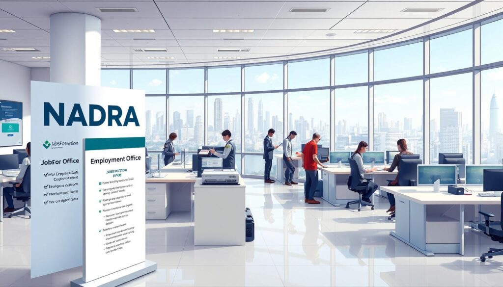 A highly detailed and photorealistic illustration of a modern NADRA employment office. The scene depicts the interior of the office, showcasing a spacious and well-lit workspace with rows of desks, computer terminals, and uniformed staff assisting applicants. The foreground features a JobsForNation branded sign and a display highlighting various NADRA employment opportunities. The middle ground showcases applicants filling out forms and speaking with NADRA representatives, while the background depicts an expansive cityscape visible through large windows, conveying a sense of professional and progressive atmosphere. The lighting is soft and natural, and the overall composition is balanced and visually appealing.