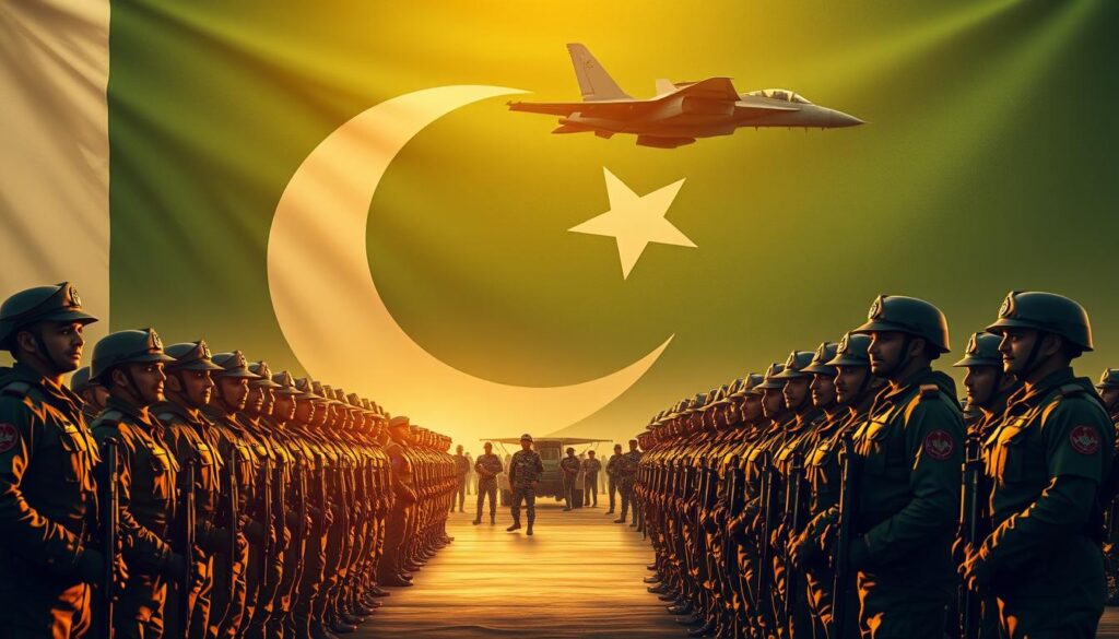 A military formation of soldiers in full combat gear, standing at attention against a backdrop of a Pakistani flag. The scene is illuminated by warm, golden lighting, casting dramatic shadows across their faces. In the foreground, a row of soldiers stands proudly, their uniforms crisp and their eyes resolute. In the middle ground, a group of soldiers are engaged in various training exercises, showcasing the diverse range of military careers available. In the background, a sleek fighter jet soars across the sky, representing the might of the Pakistani Air Force. The overall mood is one of strength, discipline, and national pride, capturing the essence of military careers in Pakistan. JobsForNation