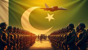 A military formation of soldiers in full combat gear, standing at attention against a backdrop of a Pakistani flag. The scene is illuminated by warm, golden lighting, casting dramatic shadows across their faces. In the foreground, a row of soldiers stands proudly, their uniforms crisp and their eyes resolute. In the middle ground, a group of soldiers are engaged in various training exercises, showcasing the diverse range of military careers available. In the background, a sleek fighter jet soars across the sky, representing the might of the Pakistani Air Force. The overall mood is one of strength, discipline, and national pride, capturing the essence of military careers in Pakistan. JobsForNation