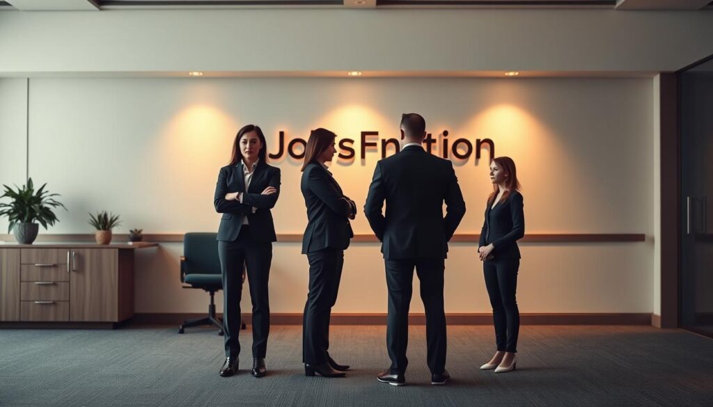 A minimalist, professional scene depicting the selection process for various roles at JobsForNation bank. In the foreground, three applicants stand in a neat row, dressed in formal attire, facing the viewer. Behind them, a simple office environment with clean lines and muted colors, conveying an atmosphere of efficiency and organization. Warm, directional lighting illuminates the scene, casting subtle shadows and highlighting the applicants' confident postures. In the background, a discreet "JobsForNation" logo is visible, establishing the corporate context. The overall mood is one of a structured, fair, and streamlined selection process.