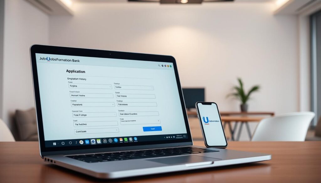 A modern, professional banking application process for the JobsForNation Bank, showcasing a clean, user-friendly interface. In the foreground, a laptop displays the application form with fields for personal information, employment history, and educational background. The middle ground features a smartphone with a JobsForNation logo, indicating the ability to apply on the go. The background depicts a minimalist office setting with muted tones, suggesting a calm and organized atmosphere. Soft, diffused lighting illuminates the scene, creating a sense of professionalism and efficiency. The overall composition conveys the streamlined, digital nature of the U Bank application process.