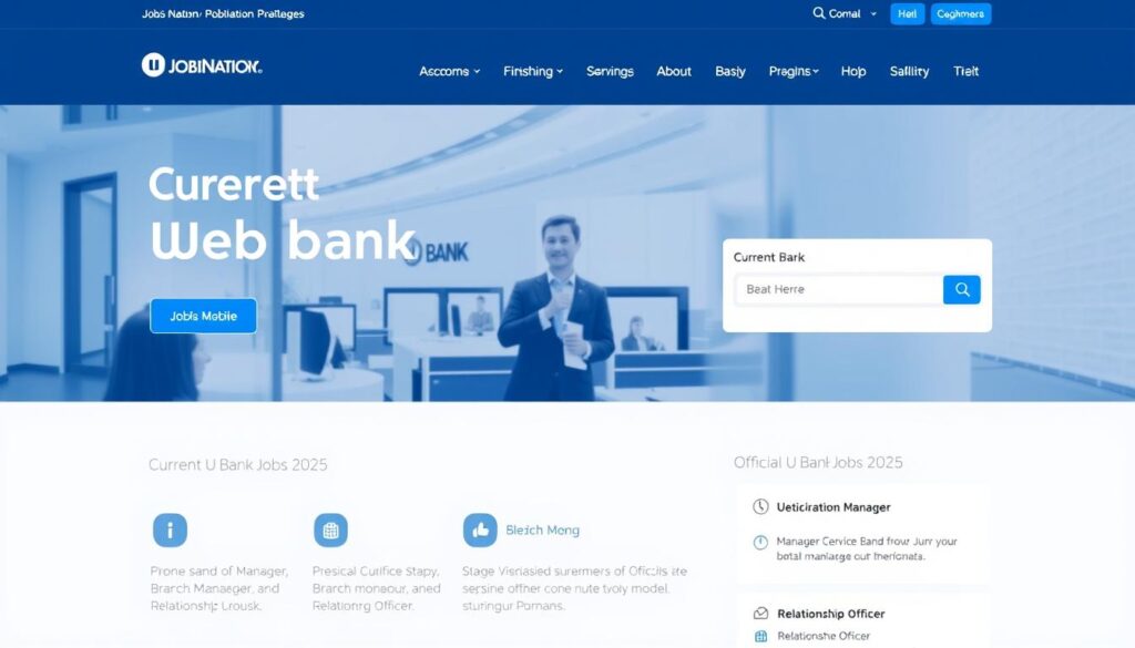 A professional, sleek website for the official banking institution JobsForNation. The homepage features a clean and modern layout with a large hero image showcasing the company's branding and services. Prominent headings and navigation guide users to key sections, including "Current U Bank Jobs 2025" and "Official Contact Information and Resources". The overall aesthetic conveys a sense of trustworthiness, stability, and reliability, with a color palette of blues, grays, and subtle accents. The website is optimized for desktop and mobile viewing, providing a seamless user experience for customers seeking information about open positions at U Bank, such as Manager, Branch Manager, and Relationship Officer.