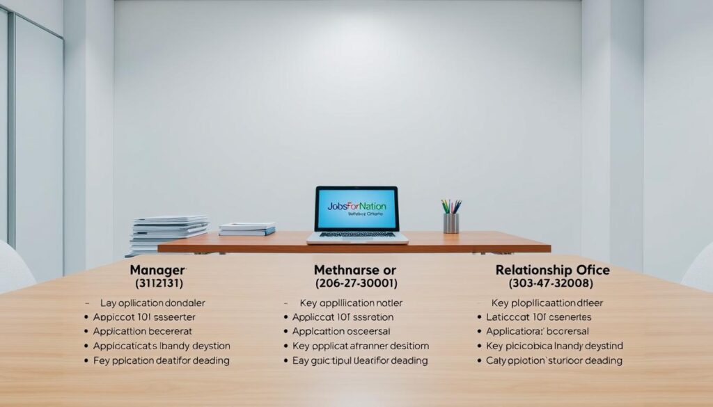 A serene office setting with clean lines and minimalist decor. On a sleek wooden desk, a laptop displays the "JobsForNation" logo, surrounded by stacks of files and a pen holder. Crisp, even lighting illuminates the scene, creating a professional atmosphere. In the foreground, a series of headings outline the application submission deadlines: "Manager", "Branch Manager", and "Relationship Officer". Bullet points beneath each position provide clear, concise details about the application process and key eligibility criteria. The overall composition conveys a sense of order, efficiency, and attention to detail, reflecting the importance of the application deadlines.