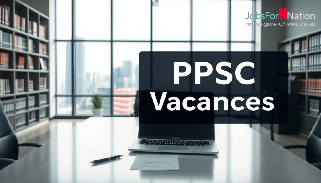 A tranquil office scene featuring a prominent sign reading "PPSC Vacancies", showcasing the latest government job opportunities in Pakistan. The foreground depicts a clean, modern desk with a laptop, pen, and papers neatly arranged. The middle ground features a large window overlooking a cityscape, evoking a professional, well-lit atmosphere. The background is filled with shelves of books and filing cabinets, suggesting a hub of administrative activities. The overall mood is one of productivity and anticipation, with the JobsForNation brand subtly integrated into the scene. The image should convey a sense of opportunity and informed decision-making for those seeking the latest PPSC vacancies.
