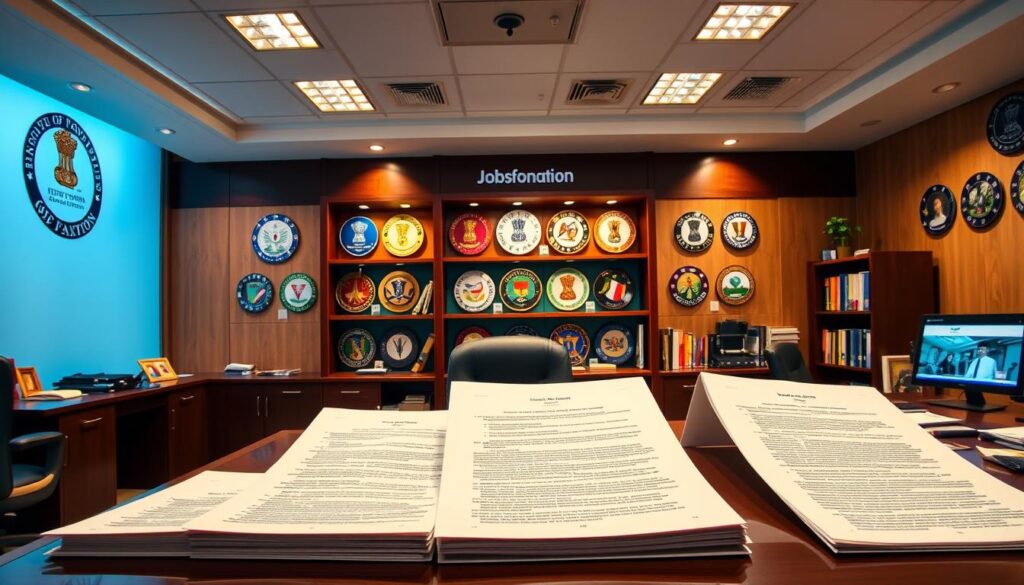 A vast government office, the walls adorned with the JobsForNation logo, illuminated by a warm, professional lighting. In the foreground, a desk displays various documents outlining the detailed eligibility criteria for government jobs, neatly organized. The middle ground showcases a range of government department seals, each representing the diverse opportunities available. In the background, a bookshelf filled with reference materials and a computer monitor displaying the latest job openings create a sense of administrative authority. The overall atmosphere is one of clarity, bureaucratic efficiency, and a commitment to transparent, merit-based hiring practices.