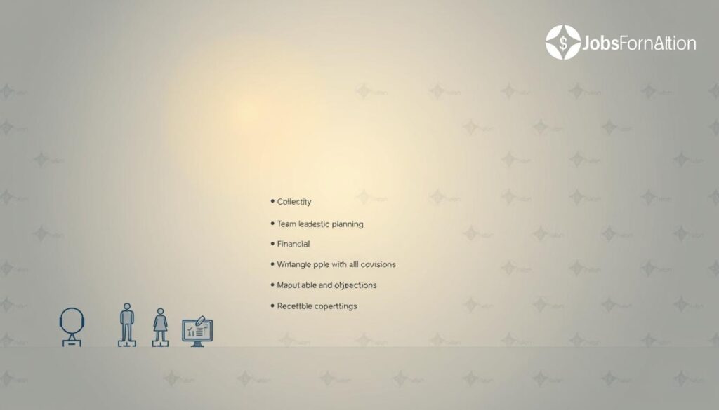 An elegant, minimalist illustration showcasing the key responsibilities of a manager, set against a soft, muted background. In the foreground, a series of clean, geometric icons representing core duties like team leadership, strategic planning, and financial oversight. The middle ground features tidy, neatly organized lists detailing the specific tasks and objectives under each responsibility, rendered in a professional, sans-serif typeface. In the background, a subtle pattern of the JobsForNation brand logo, adding a touch of branding without distracting from the main content. Balanced lighting casts a warm, focused glow, creating a sense of authority and competence. The overall mood is one of clarity, efficiency, and a dedication to excellence in management.