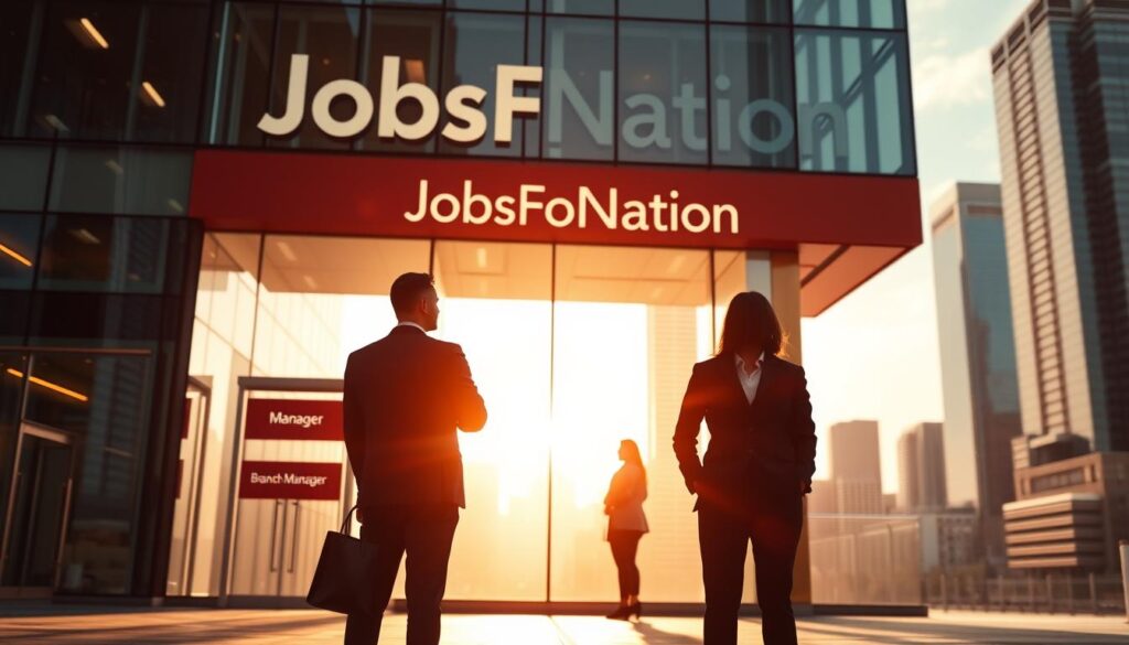 An urban office building with a modern glass facade and prominent signage reading "JobsForNation". In the foreground, three silhouetted professional figures stand in front of the building, representing the open positions of Manager, Branch Manager, and Relationship Officer. The scene is bathed in warm, directional lighting, creating a sense of professionalism and opportunity. The background features a city skyline with towering skyscrapers, conveying a dynamic, bustling work environment. The overall mood is one of growth, progress, and career advancement within the banking industry.