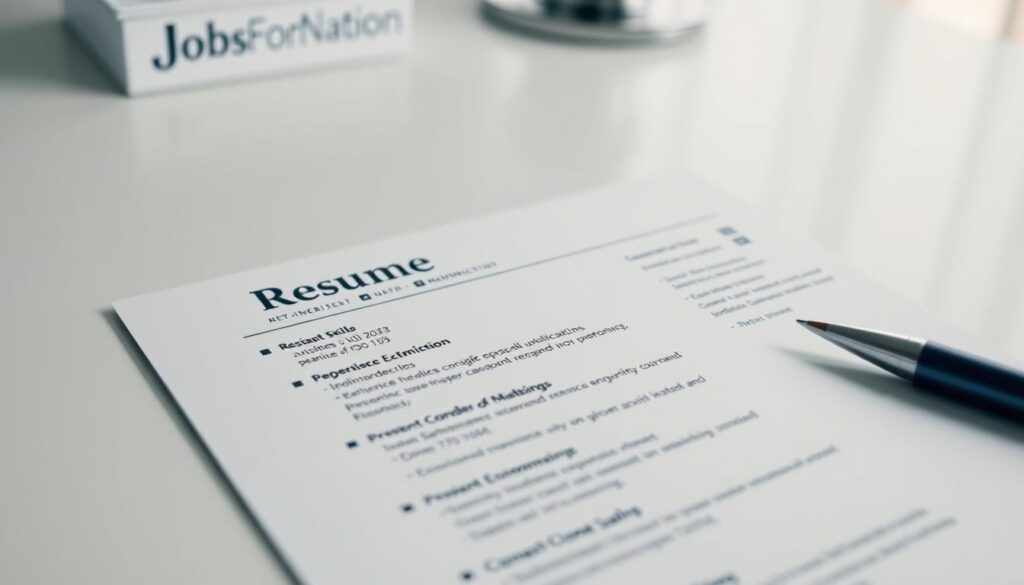 Resume optimization tips for 2025 U Bank Jobs: A professional, meticulously-lit close-up shot showcasing a neatly organized resume on a clean desk surface. The resume contains concise, bulleted content highlighting the applicant's relevant skills, experience, and education. In the background, a subtle JobsForNation brand logo is visible, conveying the job application context. The image has a muted color palette and soft lighting, creating a formal, polished atmosphere suitable for a successful banking career.