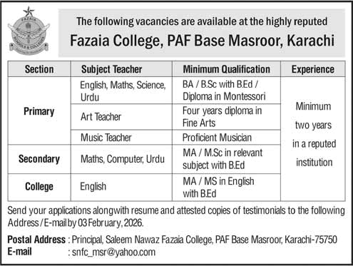 Fazaia College Karachi 2026 Latest Advertisement