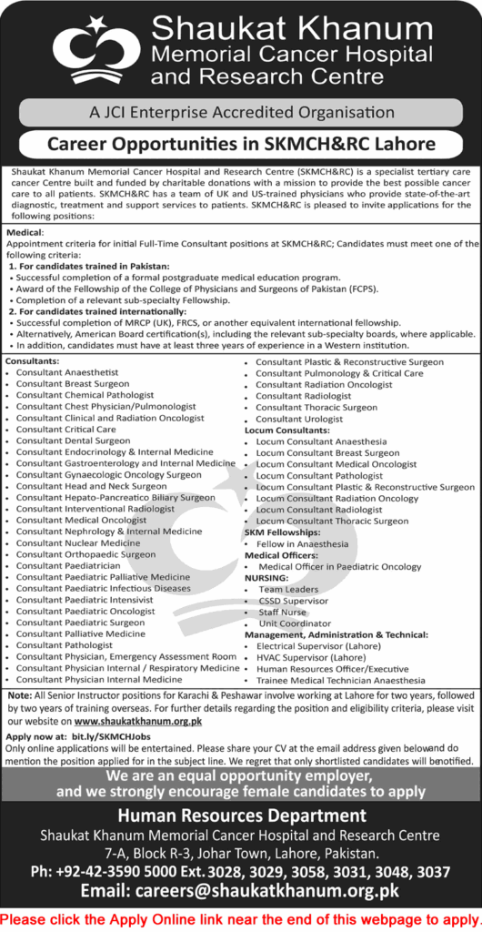 Shaukat Khanum Hospital Lahore Jobs February 2026 Apply Online