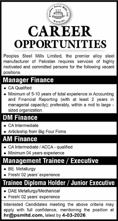 Peoples Steel Mills Limited Karachi Jobs February 2026