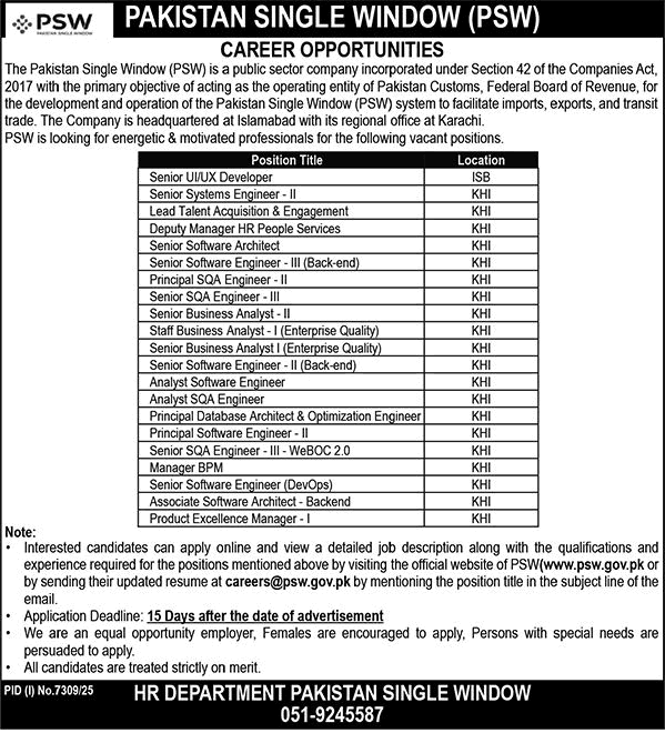 Pakistan Single Window Jobs March 2026 Apply Online